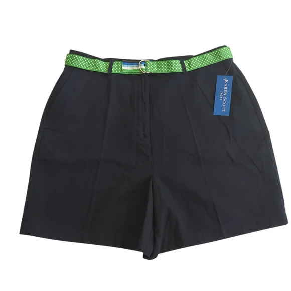 NWT Karen Scott Sport High-Waisted Stretch Belted Shorts 18 Navy Blue Pockets - Picture 1 of 16